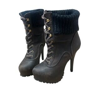 Brown Faux Leather Lace Up Stiletto Heel Booties with Black Knit Cuff Size 7